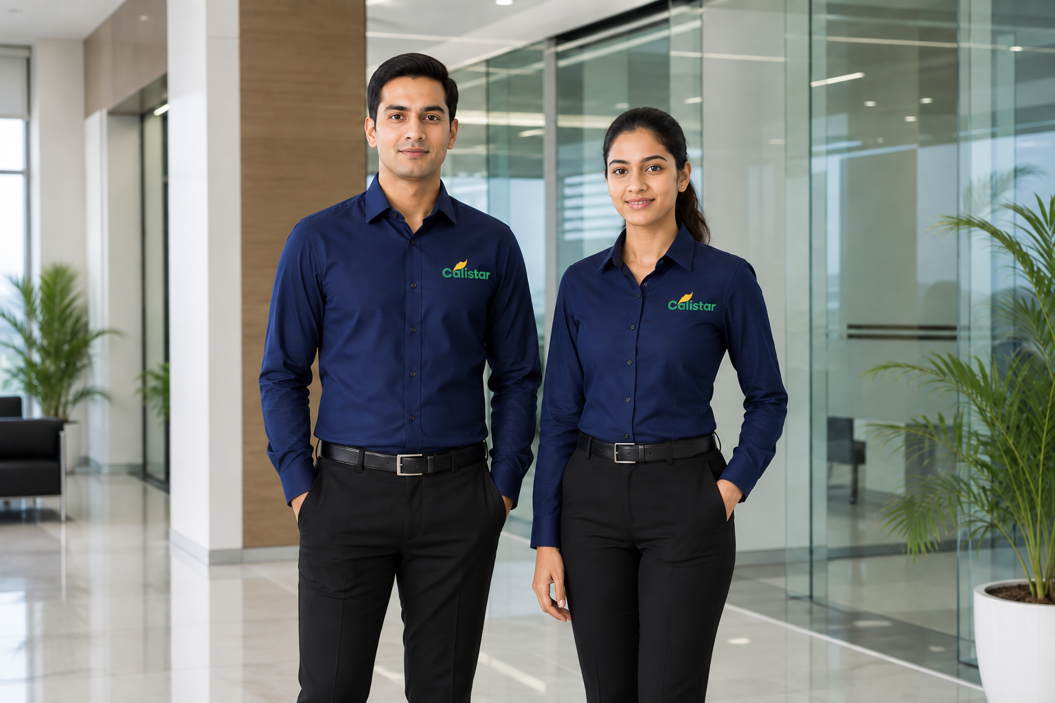 Adults wearing realistic Calistar corporate uniform shirts