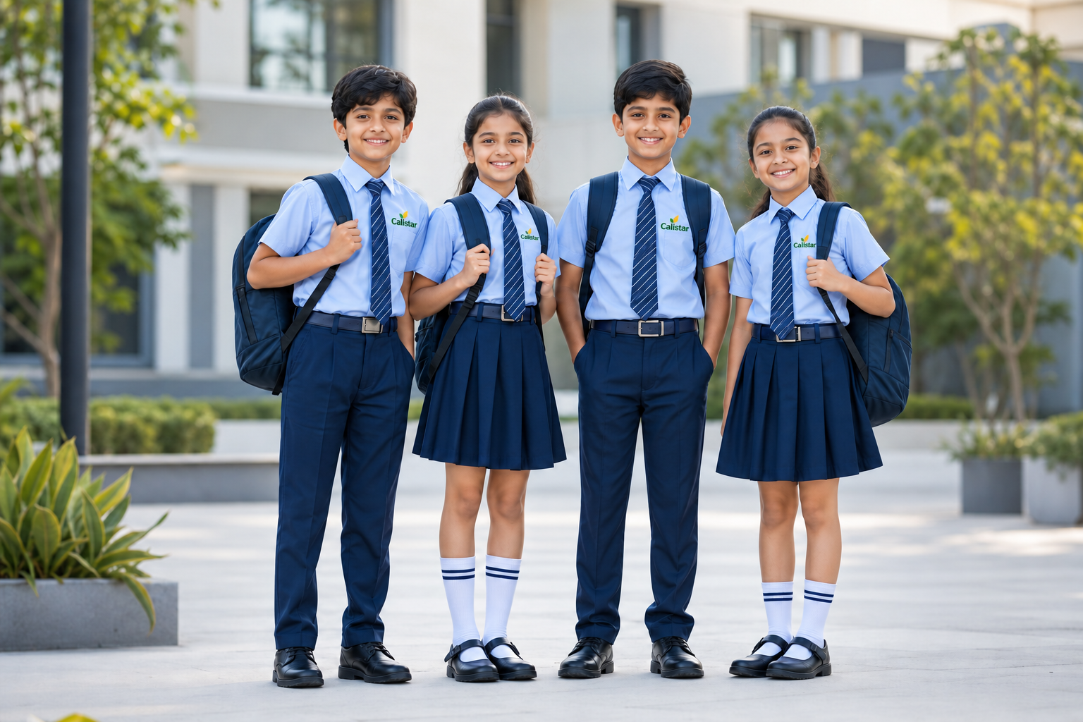 Children wearing realistic Calistar school uniform styles