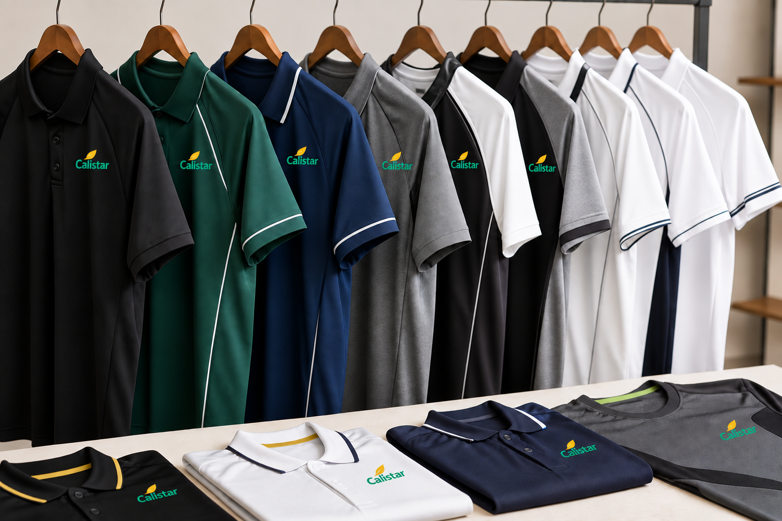 Realistic sports t-shirts and polo shirts on hangers