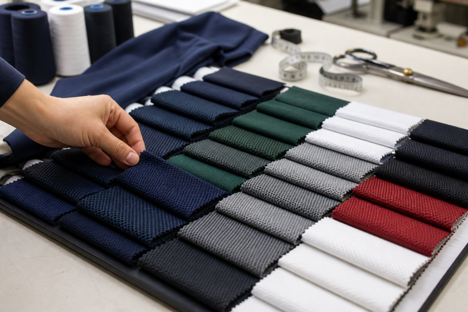 Realistic fabric material swatches on a cutting table