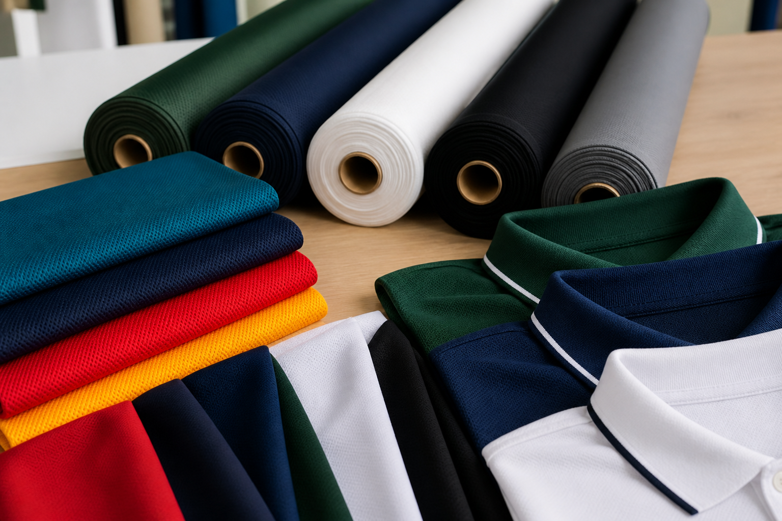 Realistic rolls and folded swatches of uniform fabrics